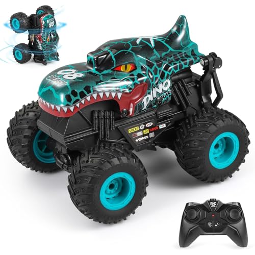 DYODYORC Remote Control Car, 2.4Ghz All Terrain Dinosaur Monster Truck Toys, RC Truck with Music, 3 Lighting Effects, 360 Stunt Capable, 2 Batteries Ready to Run, Toy Gifts for Boys and Girls (Cyan) - color: Cyan Dinosaur