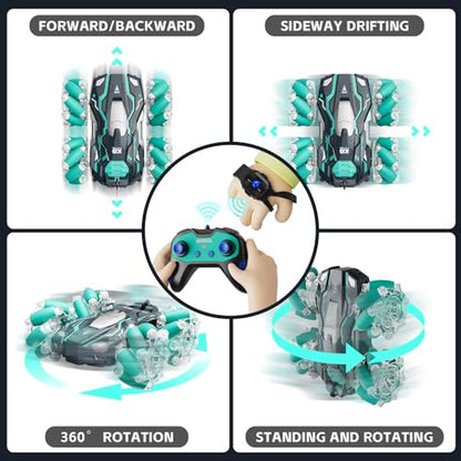 Highspeed 1:16 Scale 15 KM/H Gesture Sensing RC Stunt Car Toddler Toy, 4WD RC Car with LED Lights, 2.4GHz Gesture Control Sensing Sensitive & Strong Battery Toys Suitable for Father's Day/Birthday - color: Rc Stunt Car-green