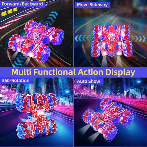 Spider Remote Control Car with WholeBody Colorful Light, 2.4Ghz RC Stunt Cars Toys, Double Sided Off-Road 360° Rotating,Rechargeable 4WD RC Drift Car Spider Toys for Boys Kids 4-6 5-7 8-12
