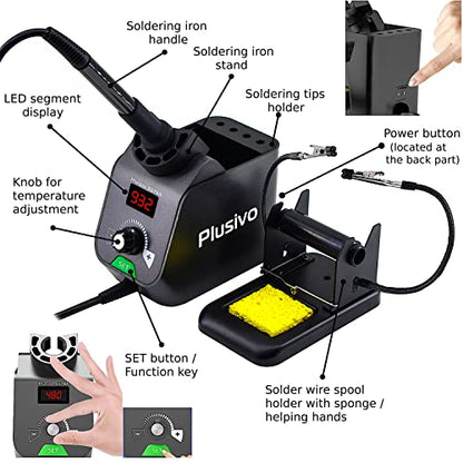 Soldering Iron Station Kit Digital Display Helping Hands 60 W 5 pcs Solder Tips, Solder Wire, Digital Multimeter °C/ºF Conversion, Standby/Sleep Mode, Calibration Support for Electricians from Plusivo