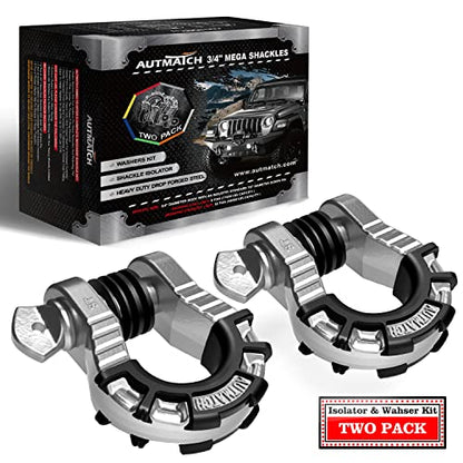AUTMATCH D Ring Shackles 3/4" Mega Shackle (2 Pack) 68,000Ibs Break Strength - Heavy Duty Clevis Shackles with 7/8" Screw Pin and Isolator Washer for Tow Strap Winch Off Road Vehicle Recovery, Silver - color: Silver