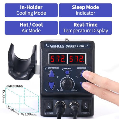 YIHUA 8786D I 2 in 1 Hot Air Rework and Soldering Iron Station with 10 Solder Iron Tips, 4 Hot Air Nozzles, °F /°C, Cool/Hot Air Conversion and Sleep Function