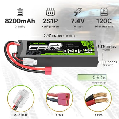 OVONIC 2S Lipo Battery 7.4V 8200mAh 120C Lipo with T Connector (2 Pack)