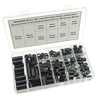OD 11mm(0.433") ID 6.2mm(0.244") Plastic Unthreaded Spacers Assortment;Wall Plate spacers for M6 Screws;Clearance Spacers;Round Spacers;3mm to 25 mm Lengths(Black) - size: OD 11mm ID 6.2mm