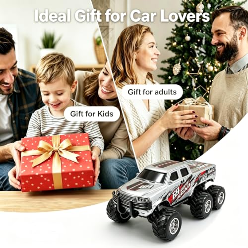 haomsj 1/64 Mini Rc Monster Truck 6x6 Off Road Remote Car for Kids & Adult | Sturdy Metal Car|3 Speeds|2.4G Flexible Remote Control|Long Lasting|Fast Charge|All-Terrain|Gift for Boys Age 3-12 - color: Gray