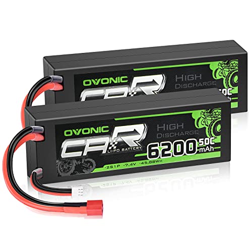 OVONIC 2S Lipo Battery 50C 6200mAh 7.4V Lipo Battery with Dean-Style T Connector for RC Car Truck Boat Vehicles (2 Packs)