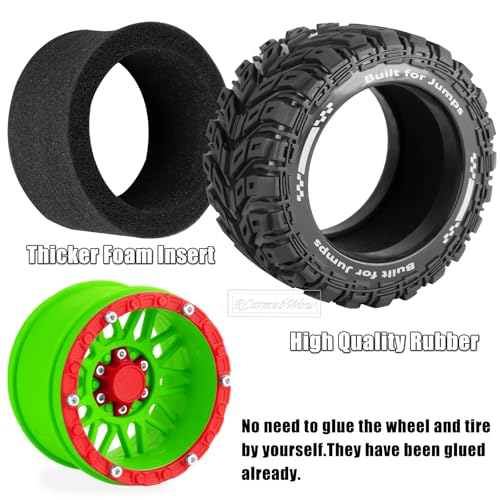 RC Wheels and Tires for 1/16 Scale,RCarmubWow Plastic Rim Rubber Tires for 1/16 Summit E-Revo Gorgon Grom,Mini Kraton 3S, M-J-X16207-16210, H-B-X16889 16890,S-C-Y16101-16106 RC Truck,Green&Red - color: Green W/Red(4pcs)