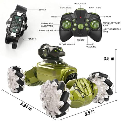 Gesture Sensing Remote Control Car, RC Cars Toys for Boys Age 6-12, 4WD Hand Controlled Twist & Transform 360° Spins Stunt Car with Mist, Light & Music, 8-10 Year Old Boys Birthday Gift Green - color: Green