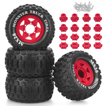 MX28 F/R 2.8" RC Car Tires with 12mm/14mm Hex Adapter RC Wheels and Tires Set 1/10 RC Truck Wheel for Arrma Big Rock Granite Traxxas Rustler Stampede VORTEKS 3S 4PCS (Style B) - Red - color: Red