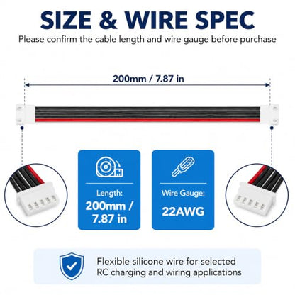 5-Pack 4S Balance Plug Extension Leads, 200mm 22AWG JST-XH Style Wires | Flexible 22AWG PVC-insulated wire extends 4S LiPo balance connections by 200mm for easier RC charging and cable routing.