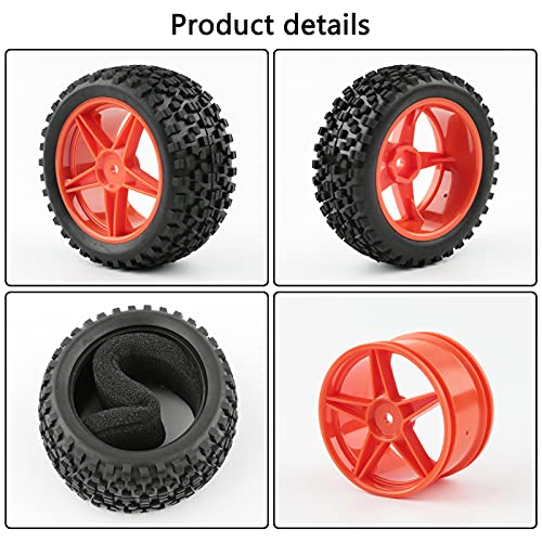 1/10 Buggy Tires & Wheels Set - Front & Rear Different Sizes 12mm Hex Red 5-Spoke Rims, Compatible with Traxxas Bandit, Redcat, Tamiya - Includes Lock Nuts, Washers & Wrench