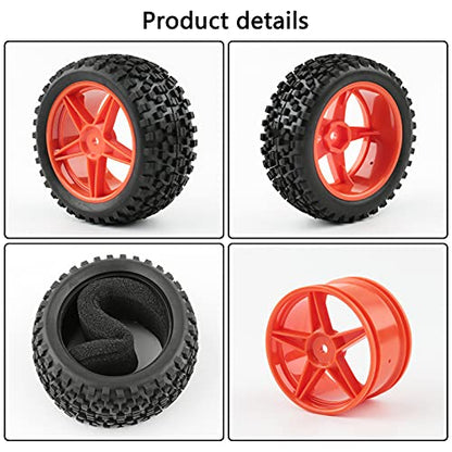 1/10 Buggy Tires & Wheels Set - Front & Rear Different Sizes 12mm Hex Red 5-Spoke Rims, Compatible with Traxxas Bandit, Redcat, Tamiya - Includes Lock Nuts, Washers & Wrench