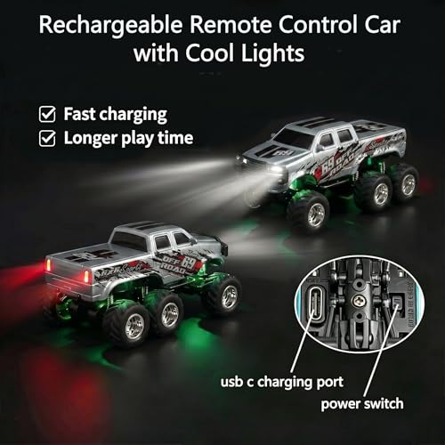 haomsj 1/64 Mini Rc Monster Truck 6x6 Off Road Remote Car for Kids & Adult | Sturdy Metal Car|3 Speeds|2.4G Flexible Remote Control|Long Lasting|Fast Charge|All-Terrain|Gift for Boys Age 3-12 - color: Gray