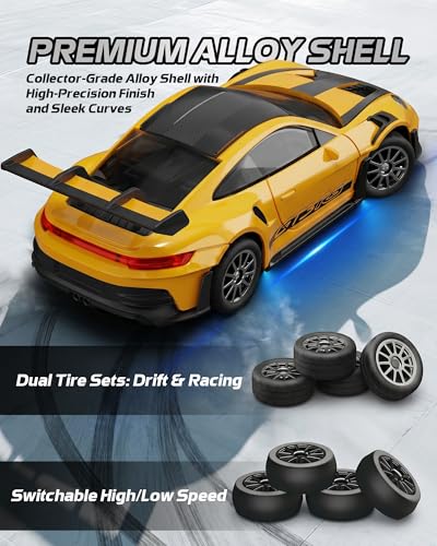 ARRIS 1/43 911 RC Drift Car 4WD with Gyro Full Proportional RTR | Alloy Body, 20KM/H Speed, Extra Drift Tires, Silent Bearings, LED Lighting - color: Yellow-911