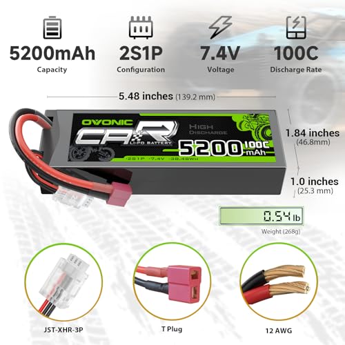 OVONIC Lipo Battery 7.4V 100C 5200mAh 2S Battery T-Style Plug Connector with Housing for RC Car Truck Vehicle Buggy Losi 1/10 Scale Racing Model