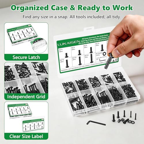 676PCS M2 Screw Assortment Kit, 10.9 Alloy Steel Hex Button Cap Bolts | M2x4/6/8/10/12/16/20/25mm, With Nuts & Flat Washers & Lock Washers & Wrench, Black Zinc Plated , for 3D Printing, DIY, Home - size: M2 676pcs 2
