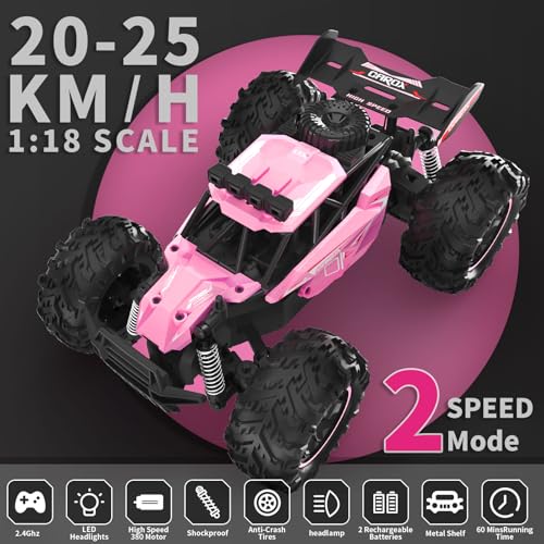 Carox Remote Control Car 2.4GHz 1:18 Off-Road Monster Truck | 25KM/H High Speed，Rechargeable design,LED Lights，Ideal Gift for kids 6+,Pink - color: Pink