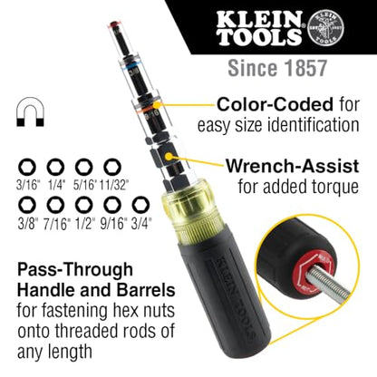 Klein Tools 32809MAG 9-in-1 Multi-Nut Driver Tool, Magnetic SAE Pass Through Driver with Hex Nut Sizes 3/16 to 3/4-Inch - style: 9-in-1 Nut Driver