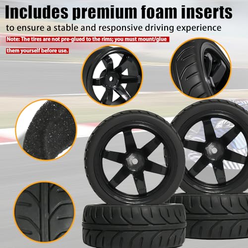 OD 2.55" On Road Rubber Tires Plastic Wheel Rims 12mm Hex for 1/10 RC Car | Compatible with MJX HSP Tamiya HPI Kyosho Traxxas Sakura Redcat WLtoys 1/10 RC On-Road Racing Touring Car (4pcs, Black) - style: B-Black