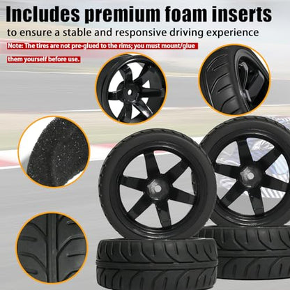 OD 2.55" On Road Rubber Tires Plastic Wheel Rims 12mm Hex for 1/10 RC Car | Compatible with MJX HSP Tamiya HPI Kyosho Traxxas Sakura Redcat WLtoys 1/10 RC On-Road Racing Touring Car (4pcs, Black) - style: B-Black
