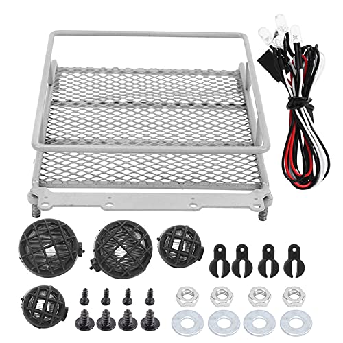 RC Crawler Roof Rack, Metal Luggage Carrier with LED Light, Simulation Accessories, Silver for Off-Road RC Cars and Trail Exploration Enthusiasts - color: Silver