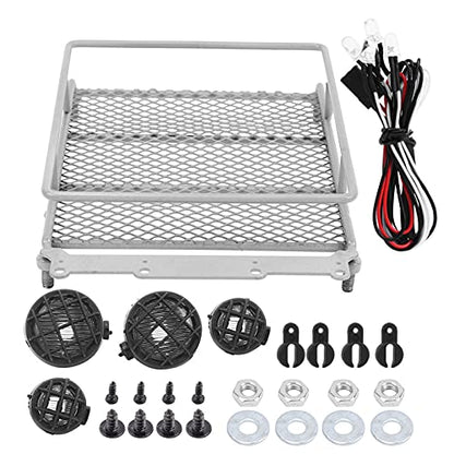 RC Crawler Roof Rack, Metal Luggage Carrier with LED Light, Simulation Accessories, Silver for Off-Road RC Cars and Trail Exploration Enthusiasts - color: Silver