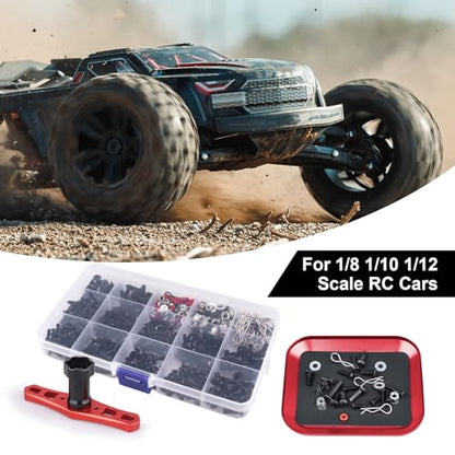 524Pcs RC Screw Kit RC Repair Tool Kit M3 M4 Hex Screws Nut Shell Body Clips Hardware Fastener w/Screw Tray and 17mm Hex Wrench Tools for 1/8 1/10 1/12 Scale RC Cars Trucks Crawler Buggy DIY Parts
