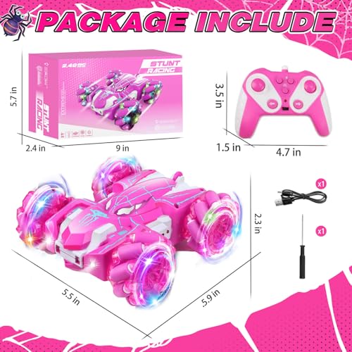 Dolanus Girls Toys Spider Remote Control Car, Age 3+, Kids Gift, Pink | RGB Wheel Lights, Dual Sided Stunts, 360° Spins, Sideways Drifts, USB Charging, 2.4GHz Control, for 3 4 5 6 7 8 12 Year Old
