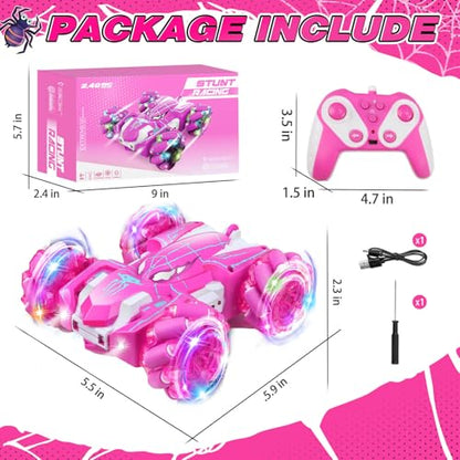 Dolanus Girls Toys Spider Remote Control Car, Age 3+, Kids Gift, Pink | RGB Wheel Lights, Dual Sided Stunts, 360° Spins, Sideways Drifts, USB Charging, 2.4GHz Control, for 3 4 5 6 7 8 12 Year Old