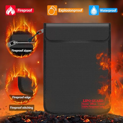 5"x8" Fireproof Lipo Safe Bag with Fireproof Zipper Fireproof Edge wrapping Fireproof wire,Home Office Travel Safe Storage for Cash Valuables Passport Power bank Lipo Battery (13 * 20cm Black) - size: 13*20cm Black