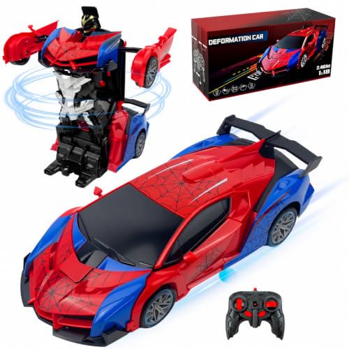Spider Remote Control Car Toy for Boys, 2.4Ghz RC Transform Robot, 1:18 Scale One-Button Deformation 360°Rotation Car with Underbody Lights, Gifts for Boys Ages 3 4 5 6 7 8 9 10 11 12 - style: Spiderman