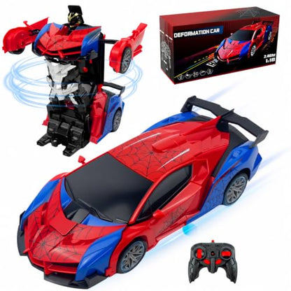 Spider Remote Control Car Toy for Boys, 2.4Ghz RC Transform Robot, 1:18 Scale One-Button Deformation 360°Rotation Car with Underbody Lights, Gifts for Boys Ages 3 4 5 6 7 8 9 10 11 12 - style: Spiderman