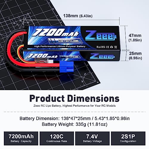Zeee 2S Lipo Battery 7200mAh 7.4V 120C with EC3 Connector (2 Pack) | Hard Case RC Battery for RC Car Truck Truggy Buggy Tank 1/10 Scale Racing Models