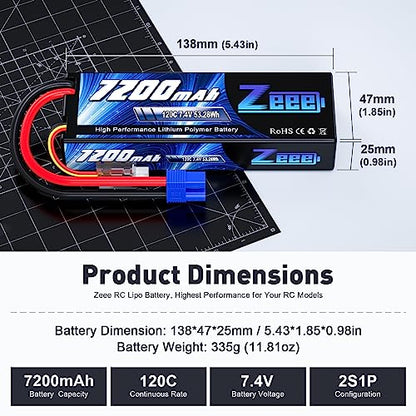 Zeee 2S Lipo Battery 7200mAh 7.4V 120C with EC3 Connector (2 Pack) | Hard Case RC Battery for RC Car Truck Truggy Buggy Tank 1/10 Scale Racing Models