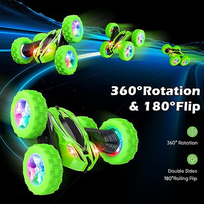 Qumcou Remote Control Car for Boys 4-7,RC Cars Toys for Ages 5-7, 2.4Ghz Fast Double-Sided 360°Rotating Toy Cars with Headlights and Wheel Lights, Christmas Birthday Gifts for Boys Age 6-12, Green