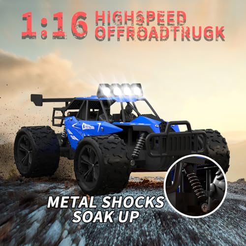 Remote Control Car Monster Truck Toys 1:16 Scale RC Car For Boys 2.4GHz High Speed 20 km/h With LED Headlights,Rechargeable RC Cars Gifts for Boys 4-7 8-12 Christmas, Beginner, Kids 6-12+(Blue) - color: Blue