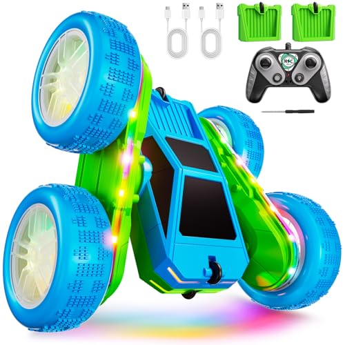 Remote Control Car, 360° Flips Rotating RC Stunt Car with USB-C Charge Modular Battery, 4WD RC Cars with LED Lights Strips, All Terrain RC Truck Toys for Kids 3+ Year Old Boys Christmas Birthday Gift - color: Blue & Green