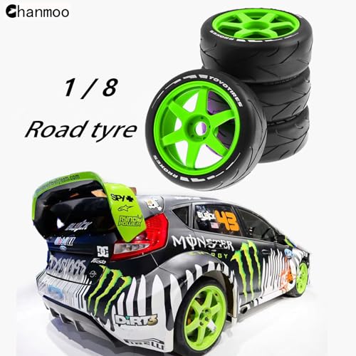 1/8 RC On Road Tires And Hard Plastic Drift Wheels 17mm Hex Rally Racing Tyres For 1:8 Scale Touring Street Car Tamiya HPI WR8 HSP Hobao ARRMA Redcat Losi Kyosho VRX W10 4PCS (Blue) - color: Blue