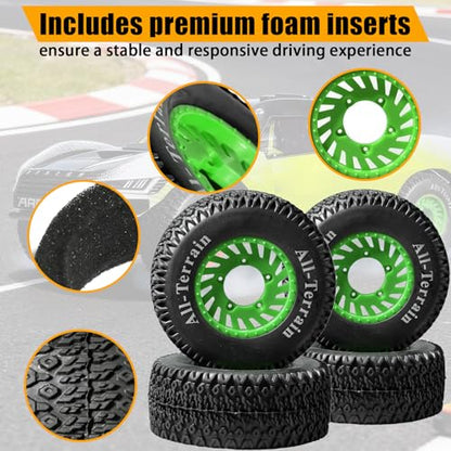 1/10 RC Short Course Truck Tire and Wheel - 12mm/17mm Hex, Green | All-Terrain Tires and Nylon Wheels Compatible with 1/10 Traxxas Slash 4WD 2WD Arrma Senton Axial Losi Redcat RC Buggy, 4-Pack - color: Green
