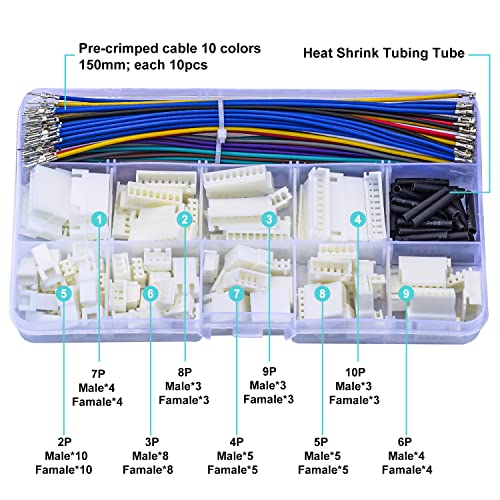 JST Connector Kit 2.5mm Pitch JST-XH 2.54 Male Female Connector with Premium 22AWG Pre-Crimped Cables,XH 2.54mm Connector 2/3/4/5/6/7/8/9/10 Pin Male Female Housing (XH-MF-Kit) - size: JST-2.5MM-XH Male Female