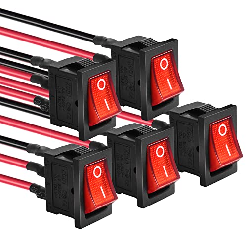 5 Pack KCD1 SPST Pre-Wired On/Off Red LED Boat Rocker Toggle Switch | 3-Pin 2-Position Snap In, Only for DC 12V-24V 20A - color: Red, size: DC 12V-24V 20A - Pre-Wired