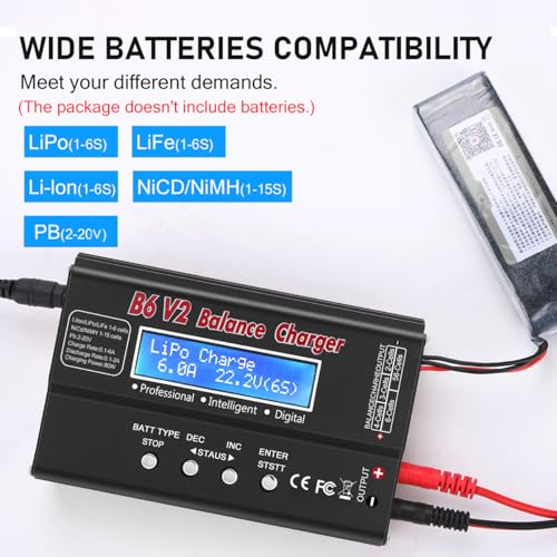LiPo Battery Charger, 80W 6A Balance Fast Battery Charger for RC Toy Model | Battery Charger Discharger for 1S-6S LiPo/Li-Fe/Li-ion 1S-15S NiMH/NiCD Packs RC Car Boat Drone Battery - color: Black