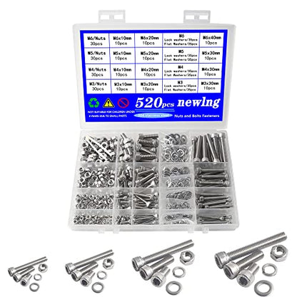 newlng Screws and Nuts M3 M4 M5 M6 Bolts and Nuts kit 520pcs 304 Stainless Steel Metric Hex Socket Head Cap Machine Screws Flat Washers Spring Washers Assortment Kit - size: E M3456