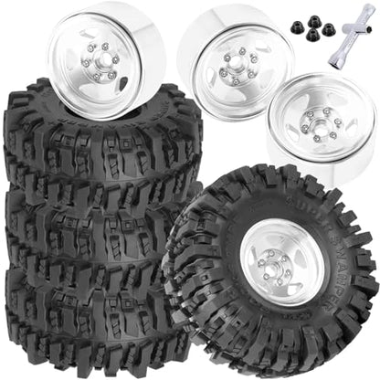 4PCS RC 1.9 Wheel Tires for 1/10 TRX4 TRX6 SCX10 SCX10 II 90046 SCX10 III AXI03007 SCX10 Pro Gen7/8 D90 VS4-10 MST CFX RC Crawler Car,Alloy 1.9 Beadlock Wheel Rubber Tires w/Sponge,Silver - color: Silver - (4pcs Tires)