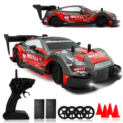 1:20 RC Drift Car for Kids,4WD 2.4GHz 30KM/H High Speed Remote Control Car, Racing Sport Toy Car with LED Lights,Drifting Tires＆2 Batteries (Red 01) - color: Red 01