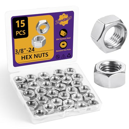 15Pcs SAE 3/8"-24 Hex Nut Set 304 Stainless Steel | UNF Thread, Rust Resistant, For Machinery, Automotive & DIY Projects, Storage Case Included - size: 15Pcs-3/8"- 24