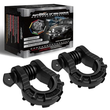 AUTMATCH D Ring Shackles 3/4" Mega Shackle (2 Pack) 68,000Ibs Break Strength - Heavy Duty Clevis Shackles 7/8" Screw Pin & Isolator Washer for Tow Strap Winch Off Road Vehicle Recovery, Matte Black - color: Matte Black