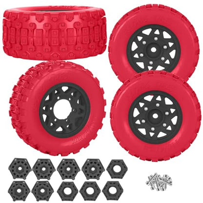 RC F/R Wheels and Tires Set w/Detachable Replace Running on Off-Road Tire RC Wheel Hex for 1/10 Slash 4WD 4×4 2WD/Arrm a Senton/Axia1/Rc 4wd/Redca t,12mm/14mm/17mm Hex,Black-Red（4PCS - color: Black-red(rc Wheels Tires)