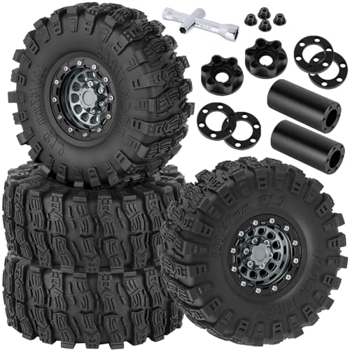 RC 1.9 Beadlock Rims & Wheels Tires w/Adjustable Offset for 1/10 SCX10 TRX4 TRX6 Gen7/8 D90 VS4-10 MST CFX RC Crawler Car,BRCatWPark 4pcs Aluminum Double Rims and Rubber Tires w/Sponge,Titanium - color: Titanium - (Adjustable Tires)