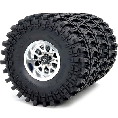 HOBBYSOUL 4pcs 1.9 Beadlock Wheels and Tires 121mm Tall, -10.5mm Negative Offset 1.9'' Rims and tyre for 1/10 RC Crawler SCX10 TRX4 Gen8 Upgrades - color: Silver